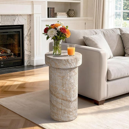 Side Table, 24" Pedestal End Table, 3-in-1 Durable Lightweight Round Coffee Table, Decorative Patio Accent Table Fluted Garden Stool Art Decor for Poolside, Balcony, Living Room, Beige