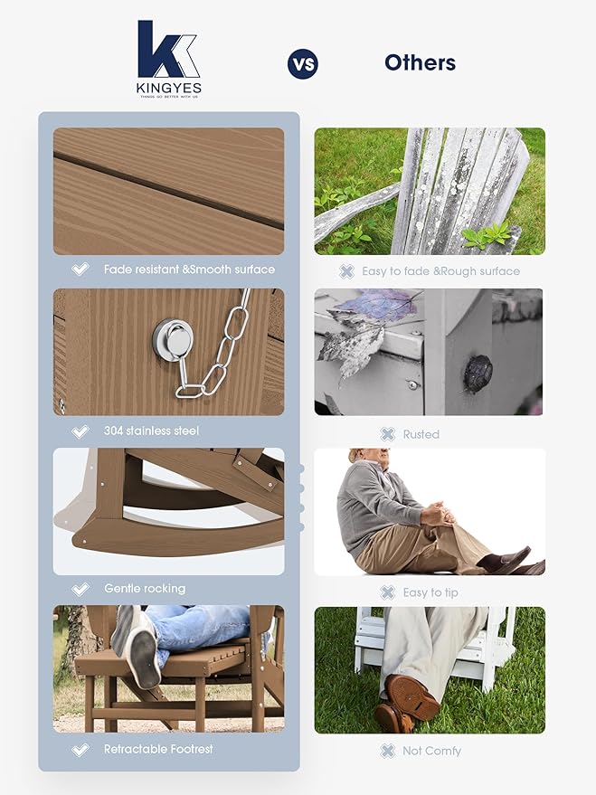 KINGYES Adirondack Rocking Chair with Retractable Ottoman and Cup Holders - Photo 6