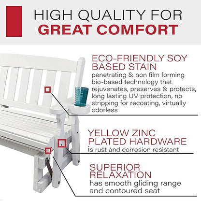 Amish Heavy Duty 800 Lb Mission Pressure Treated Porch Glider with Cupholders (5 Foot, Semi-Solid White Stain)