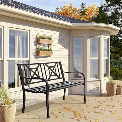 Outdoor Bench Garden Bench Patio Bench,Weatherproof Anti-Rust Metal Powder Coated Frame Park Bench,Metal Bench for Yard & Porch & Park (Geometric)