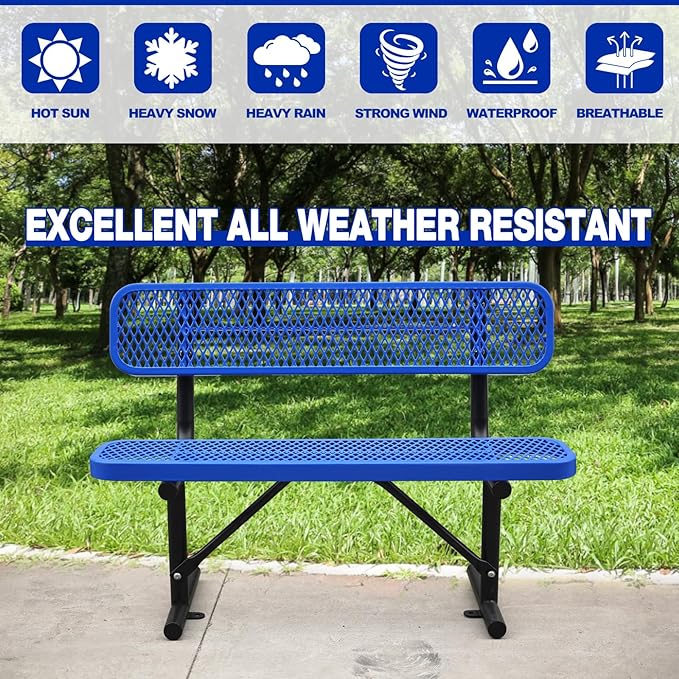 Heavy-Duty Park Bench for Outside - Black Coated Outdoor Furniture Steel Bench, Commercial-Grade Outdoor Benches Weatherproof for Park, Patio, Porch (Portable with Back) (Blue, 4FT)
