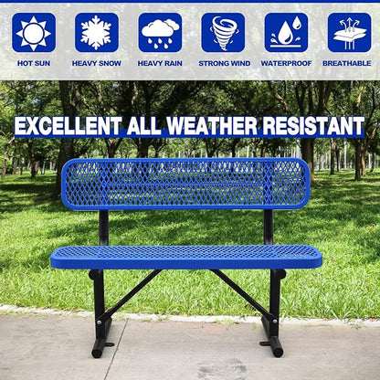 Heavy-Duty Park Bench for Outside - Black Coated Outdoor Furniture Steel Bench, Commercial-Grade Outdoor Benches Weatherproof for Park, Patio, Porch (Portable with Back) (Blue, 4FT)