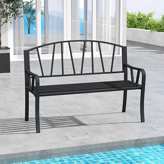 Giantex Garden Bench for Outside 51 Inch, Outdoor Bench with Metal Frame, Patio Metal Bench with Backrest, Armrests and Slatted Seat for Park, Porch, Backyard, 660 lbs Max Load, Black