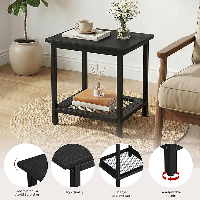 2-Tier Outdoor Side Table with Storage, Weather Resistant Patio End Table, HDPS Small Accent Table for Deck, Garden, Pool, Backyard, Black
