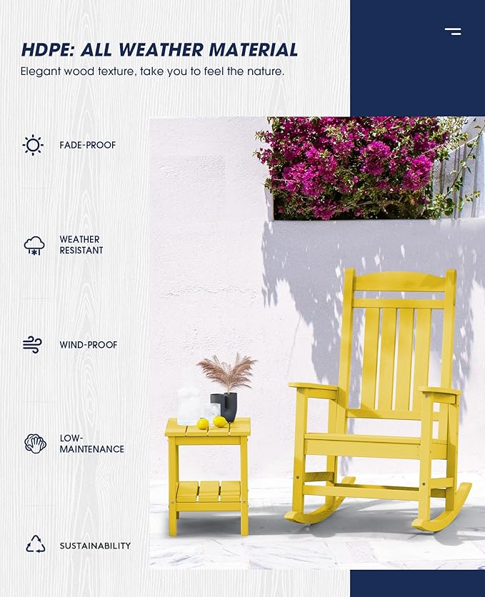 KINGYES Outdoor Rocking Chair Set of 2, HDPE Patio Rocking Chairs with 330lbs Support for Adults, Yellow