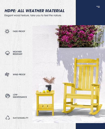 KINGYES HDPE Outdoor Rocking Chair Set of 4, All-Weather Poly Patio Rocking Chairs with 330lbs Support for Adults, Yellow