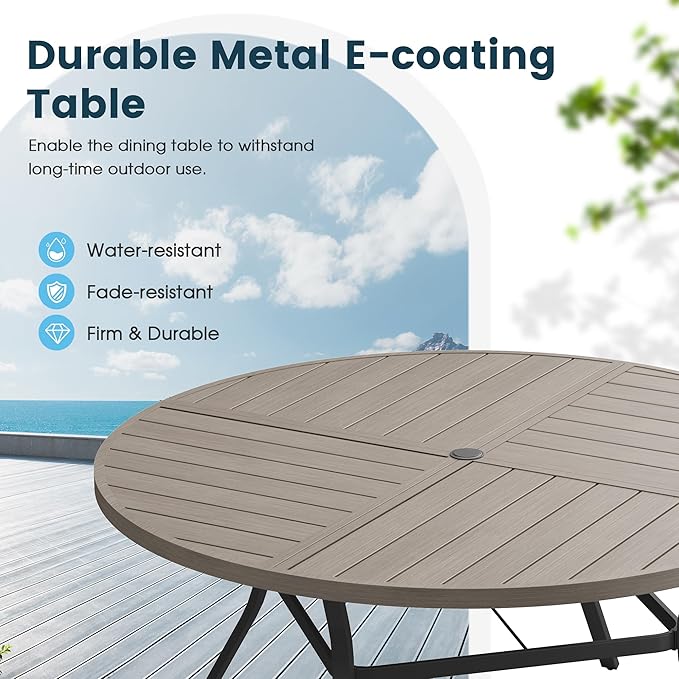 Patio Dining Table for 6, Round Metal Outdoor Table with Storage Shelf, 1.57" Umbrella Hole, 50" Outdoor Quartered Tabletop Dining Table for Backyard, Porch, Lawn, Grey