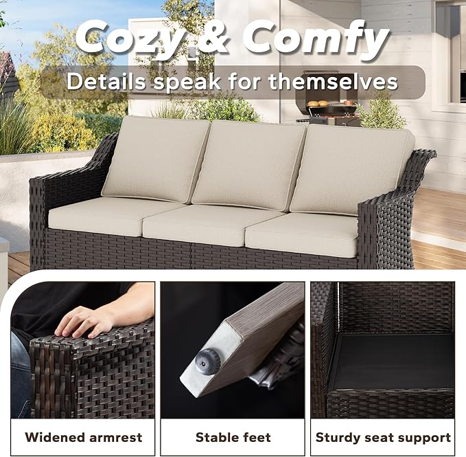 77'' Patio Sofa, All Weather Outdoor Rattan Wicker 3-Seat Sofa High Back Couch with Premium Cushions for Garden - Photo 4