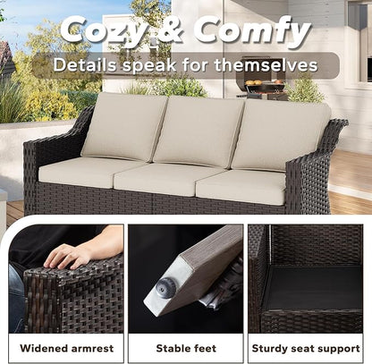 77'' Patio Sofa, All Weather Outdoor Rattan Wicker 3-Seat Sofa High Back Couch with Premium Cushions for Garden Backyard Porch(Brown/Beige)