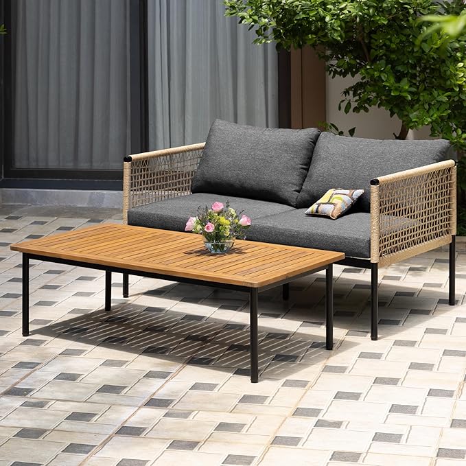 Idzo Oscar Wicker Metal Loveseat with Coffee Table – Black, 2-Seater Outdoor Sofa Set for Small Patios, Balcony or Garden, Heavy-Duty Love Seat Couches for Relaxing and Entertaining