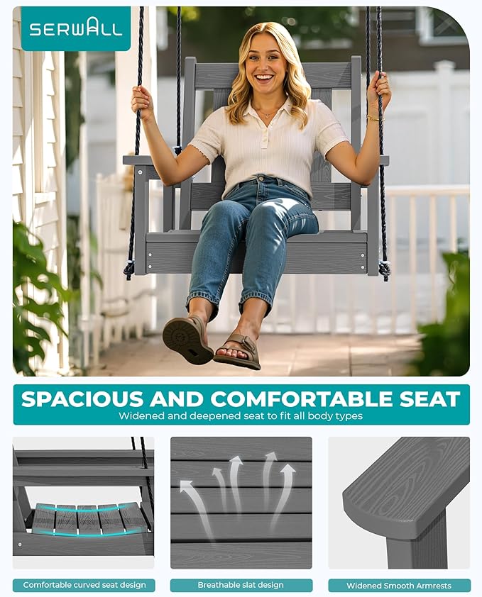 SERWALL HDPE Single Porch Swing, Heavy Duty Single Person Swing Chair with 2 Polypropylene Hanging Ropes - Photo 3
