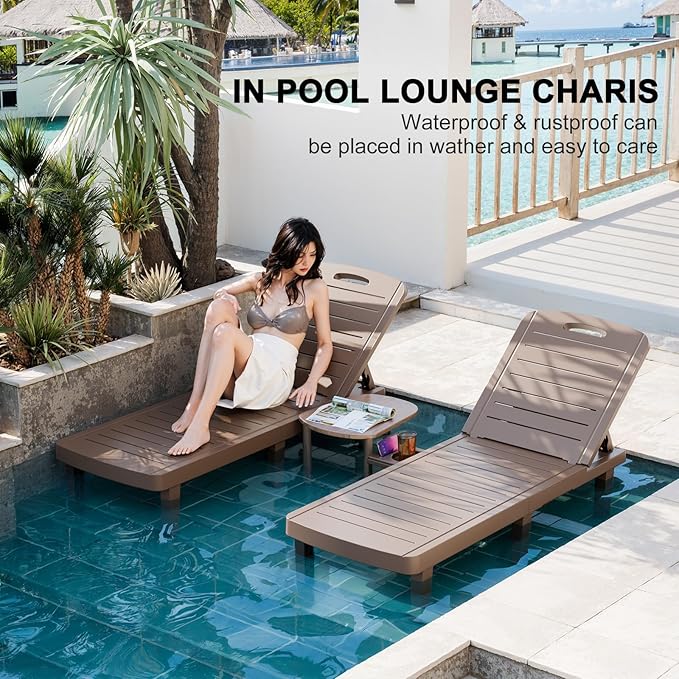 WACASA Outdoor Chaise Lounge Chairs Set of 2, Oversized Lounge Chairs with 5-Level Adjustable Backrest & Cup Holder, Resin Waterproof Pool Lounge Chair for Patio, Beach, Yard, Taupe
