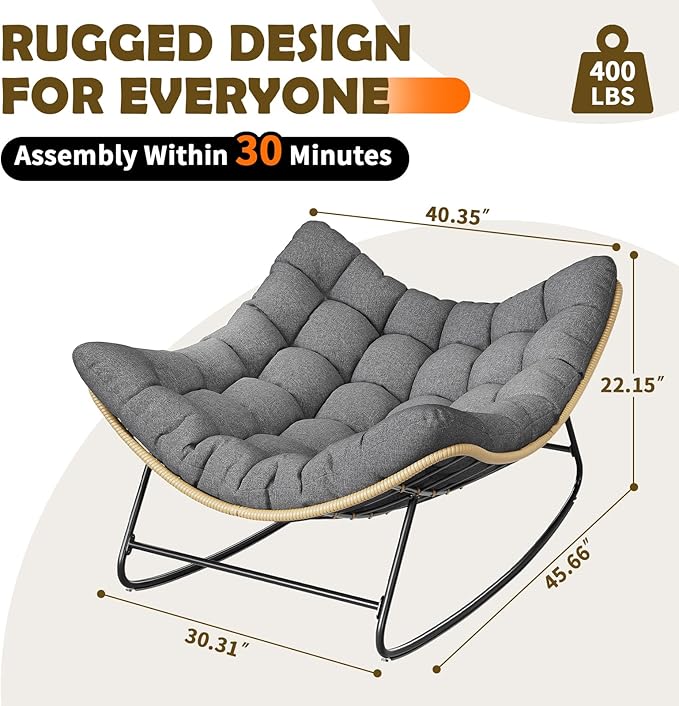 Outdoor Rocking Chair, Indoor Papasan Chair, Oversized Egg Rocking Chair with Thick Cushion, Rattan Wicker Rocker Lounge Chair for Bedroom, Living Room, Patio, Garden, Porch (Dark Grey)