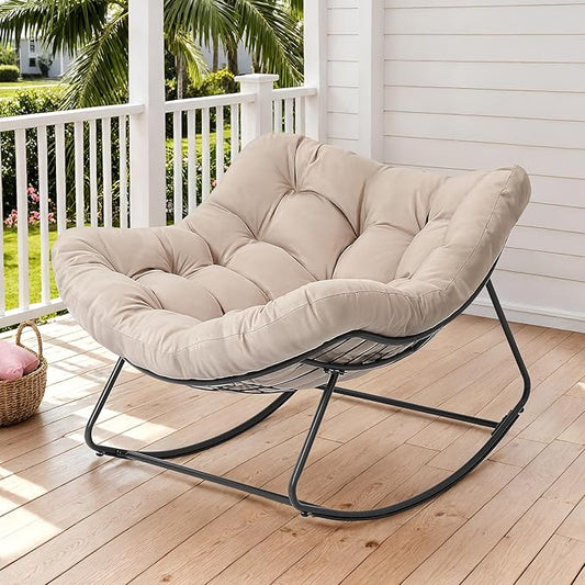 ONBRILL Outdoor Papasan Rocking Chair, 450 lbs Oversized Comfy Patio Chair with Thickened Cushion, Indoor Egg Rocking Lounge Chairs, Rocker Chairs for Patio Porch Garden Living Room Bedroom, Beige