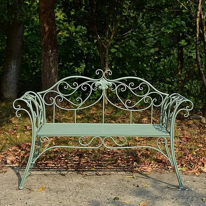 Park Bench Patio Garden Bench Backyard Benches, Metal Garden Bench, Country Wrought Iron Double Chair Bench, Villa Garden Courtyard Decor, Park Outdoor Bench with Backrest (Color : Green)