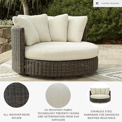 Signature Design by Ashley Kimora Casual Nuvella Weather Resistant Fabric Outdoor Swivel Lounge Chair with Zippered Removable Cushion and Casters, Beige & Dark Brown