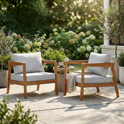Merax 2 Set 25" Acacia Solid Wood Outdoor Lounge Chair, Teak Finish Frame with Light Grey Cushion, Patio & Garden Chair, Teak+Light Grey