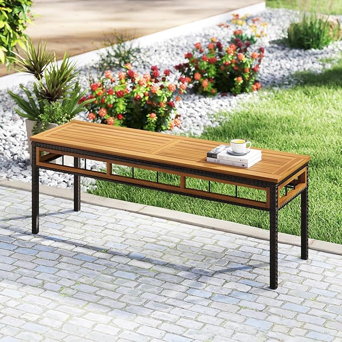 Tangkula Outdoor Wicker Bench with Removable Padded Cushion, 48" Patio Backless Acacia Wood Bench, 2-Person Outdoor PE Rattan Chair for Entryway Garden Poolside Deck (1,White)