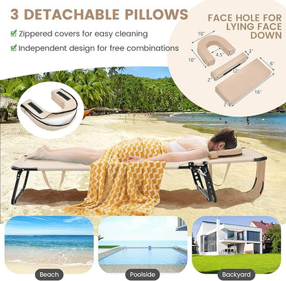 GYMAX Tanning Chair, 330lbs Beach Lounge Chair with Face Hole, Detachable Washable Pillow & Carry Strap, Adjustable Folding Chaise Lounge, Layout Chair for Outside, Patio, Poolside, Lawn (1, Beige)