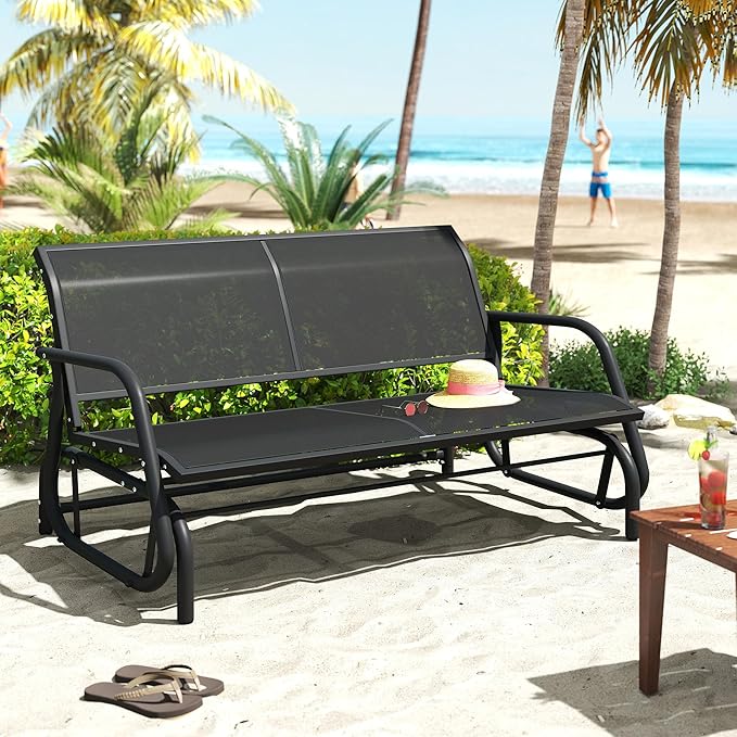 Patio Outdoor Glider Bench, High Backrest and Breathable Mesh Fabric, Yard Porch Loveseat, Outside Rocking Swing Chair - Photo 2