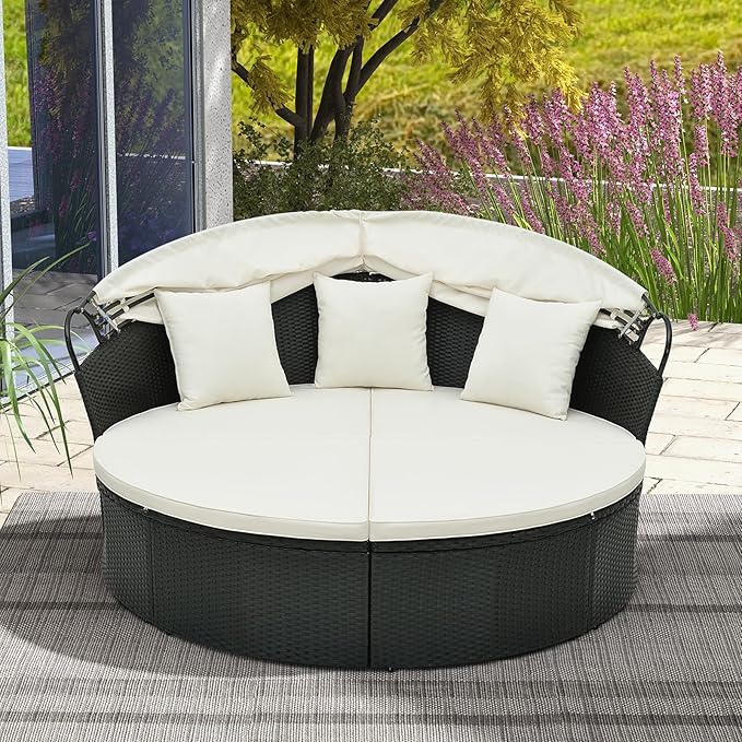 HAPPYGRILL Patio Round Daybed, Wicker Daybed with Retractable Canopy - Photo 4