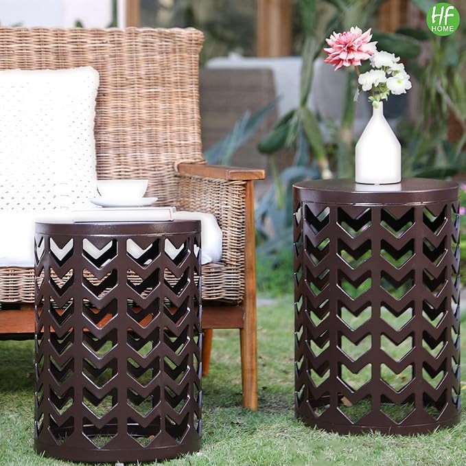 HFHOME Round Nesting Coffee Tables, Set of 3 End Tables for Living Room Balcony Office, Heavy Duty Metal Stacking Side Tables for Home Indoor - Brown