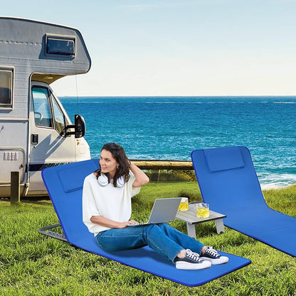 COSTWAY 3-Piece Beach Lounge Chairs, Outdoor Lounger with Side Table, 5 Reclining Positions, Lightweight & Portable Tanning Chairs for Sunbathing, Camping (Navy)