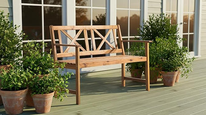 Outdoor Garden Bench Wood Bench in Natural Acacia Wood with Cross Back Design, Patio Dining Furniture for Front Porch, Patio, Lawn, Balcony, Yard, Porch, 47.2" x 24" x 35.4"