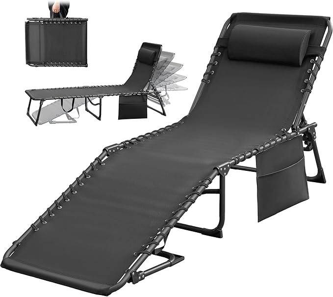 Greesum Chaise Lounge Folding Tanning Chair with 5 Position Adjustable Back, Detachable Pillow & Pocket Outside Pool, Beach, Sunbathing, Black