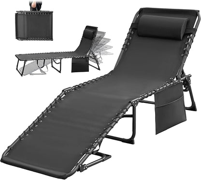 Greesum Chaise Lounge Folding Tanning Chair with 5 Position Adjustable Back, Detachable Pillow & Pocket Outside Pool, Beach, Sunbathing, Black