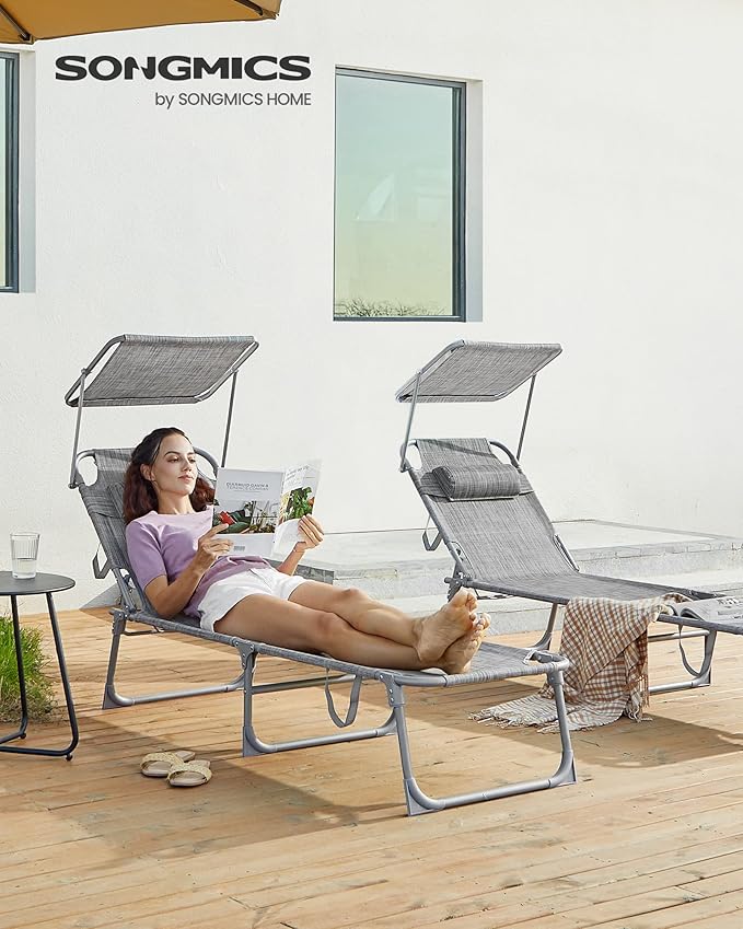 SONGMICS Sun Lounger, Patio Chaise Lounge Chair, Folding, with Canopy, 76 x 20.9 x 11.4 Inches, Holds 330 lb, Headrest, Adjustable Backrest, Outdoor Garden Pool, Greige GCB19T