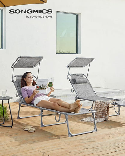 SONGMICS Sun Lounger, Patio Chaise Lounge Chair, Folding, with Canopy, 76 x 20.9 x 11.4 Inches, Holds 330 lb, Headrest, Adjustable Backrest, Outdoor Garden Pool, Greige GCB19T