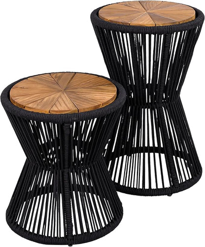 Merax Bohemian Round Outdoor Side Table Set of 2, 2 Pieces Patio Side Tables with Acacia Wood Top and Black Handwoven Rope Base, for Garden, Pool, Balcony, Yard, Elegant Hourglass Design, No Assembly