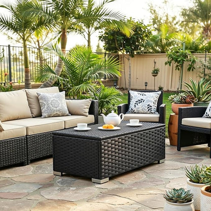 ONBRILL Outdoor Coffee Table with Storage, Rattan Storage Coffee Table with Internal Waterproof Bag, Low Side Table for Patio, Porch, Backyard, Poolside - Black