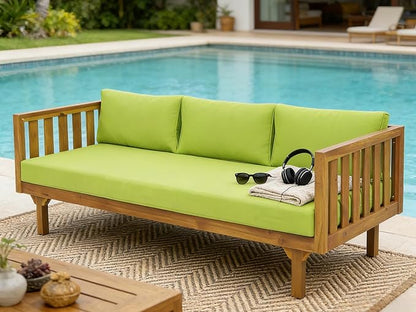 Merax Outdoor 3 Seater Daybed, Acacia Wood Day Bed Couch Sofa with Cushions for Patio Backyard, Garden, Green
