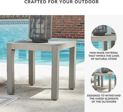 Signature Design by Ashley Moonlight View Contemporary Weather Resistant Outdoor End Table with Sintered Stone Top, Light Gray