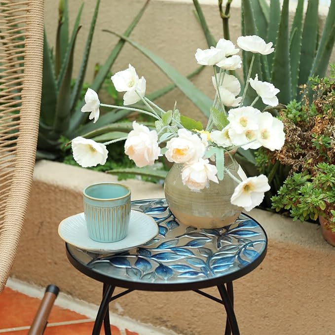 MUMTOP Side Patio Tables-Mosaic Outdoor Side Table - 14’’ Blue and Transparency Leaf Glass Accent Round EndTable, Plant Stand Indoor Small CoffeeTable for Garden or Living Room Decor