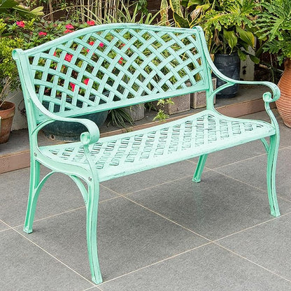 Outdoor Metal Garden Bench with Curved Backrest & Armrests, Galvanized Antique Finish Patio Seating for Backyard, Deck, Lawn - Durable & Stylish Furniture
