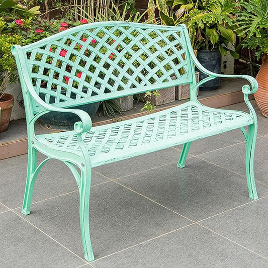 Outdoor Metal Garden Bench with Curved Backrest & Armrests, Galvanized Antique Finish Patio Seating for Backyard, Deck, Lawn - Durable & Stylish Furniture