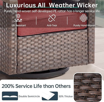 Luxury 4 Piece Heavy Duty Patio Furniture Set with Swivel Chairs - All Weather Wicker Comfort Thick Cushion Outdoor Conversation Set with Sofa & Coffee Table for Porch Poolside Deck - Red