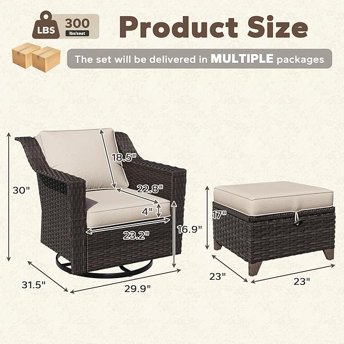 4 Pieces Patio Conversation Furniture Set - 2 Swivel Chairs, 2 Ottomans, Outdoor Wicker Furniture with Removable Cushions for Porch, Balcony, Sunroom (Beige)