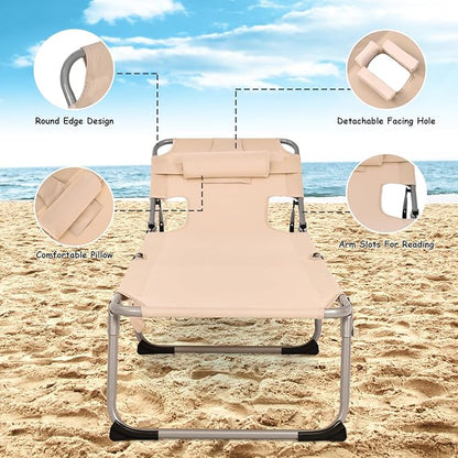GYMAX Tanning Chair, Folding Beach Lounger with Face Arm Hole, Adjustable Backrest, Side Pocket, Pillow & Carry Handle, Outside Sunbathing Lounge Chair for Patio, Poolside, Lawn (1, Sand)