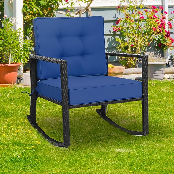 Tangkula Wicker Rocking Chair, Outdoor Glider Rattan Rocker Chair with Heavy-Duty Steel Frame, Patio Wicker Furniture Seat with 5” Thick Cushion for Garden, Porch, Backyard, Poolside (1, Blue)