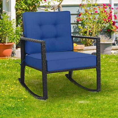 Tangkula Wicker Rocking Chair, Outdoor Glider Rattan Rocker Chair with Heavy-Duty Steel Frame, Patio Wicker Furniture Seat with 5” Thick Cushion for Garden, Porch, Backyard, Poolside (1, Blue)