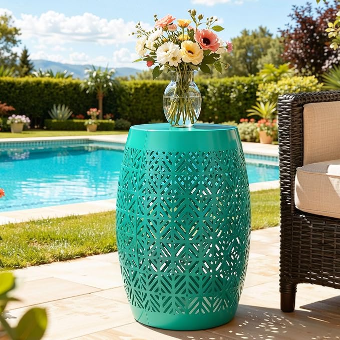 Large Side Table Outdoor,18" H LED Light Metal End Table with Geometric Cut-Out Design, Hollow Drum Coffee Accent Table Plant Stand with No Assembly & Weather-Resistant for Patio, Garden, Indoor