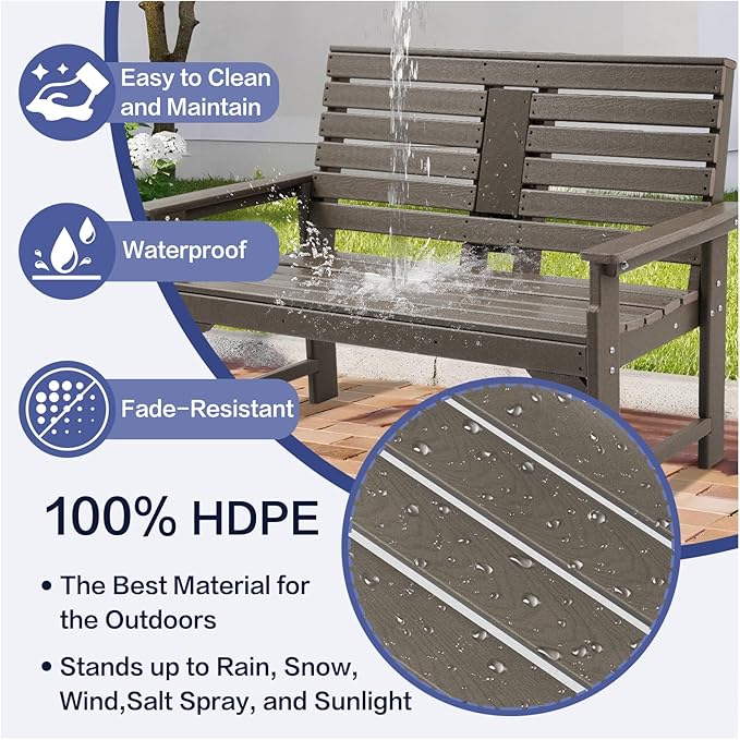 Outdoor Bench Weatherproof - HDPE 2-Person Garden Bench with Cup Holders, Bench Furniture with Backrest and Armrests - Photo 4