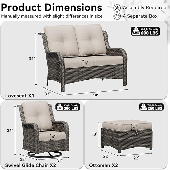5 Piece Outdoor Wicker Patio Furniture Set, Outdoor Swivel Rocker Patio Chairs Set with Thickened Olefin Cushions - Photo 2