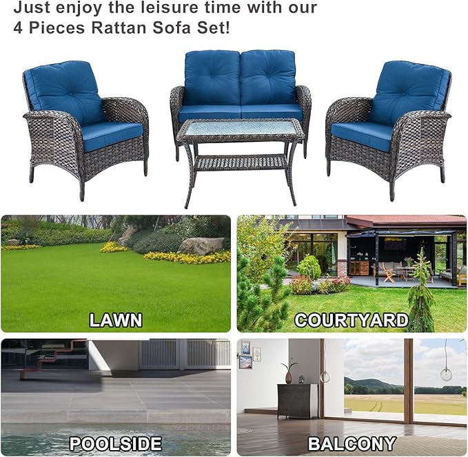 Belord Outdoor Wicker Loveseat Furniture Set of 4 with Coffee Table for Porch Deck Balcony - Photo 8