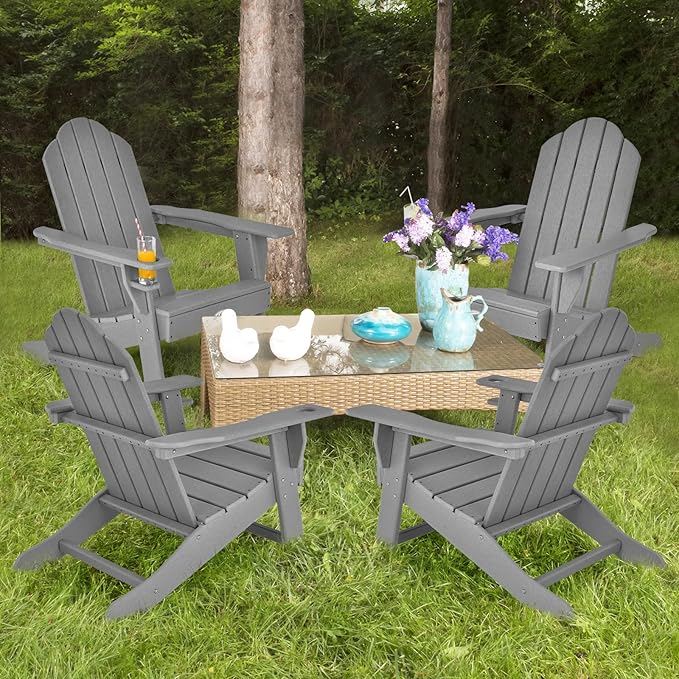 Tangkula Adirondack Chair Outdoor, Fade Resistant HDPE Armchairs with Cup Holder, Weather Resistant Lounger Chairs for Patio Garden Backyard Deck, Lawn Porch Seating, Adirondack Lounger (4, Grey)