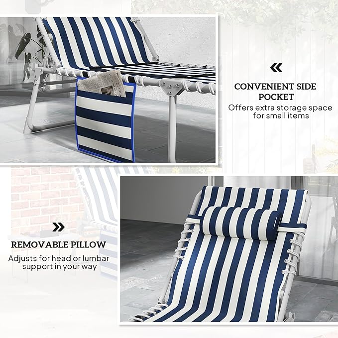 Outsunny Tanning Chair with Face Hole, Side Table, 5-Position Reclining Folding Chaise Lounge Chair Outdoor Lounger Recliner, Carry Straps for Beach Pool Camp, Oxford Fabric, Blue and White